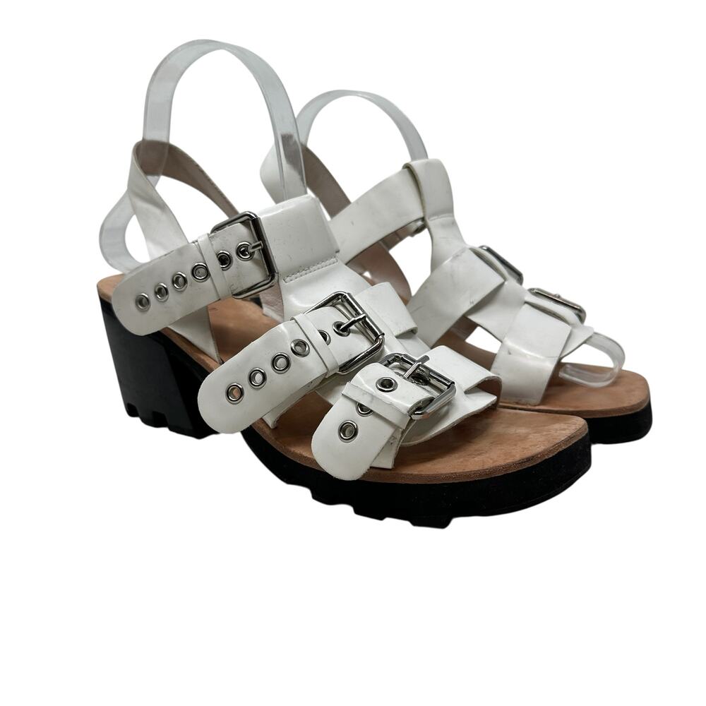 Jeffrey Campbell Riveter Lugged Buckle Sandal Block Heel White Size US 8